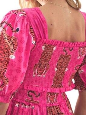 Print Fresh Organic Cotton Hot Pink Tiger Print Smocked Puff Sleeve Top Size M